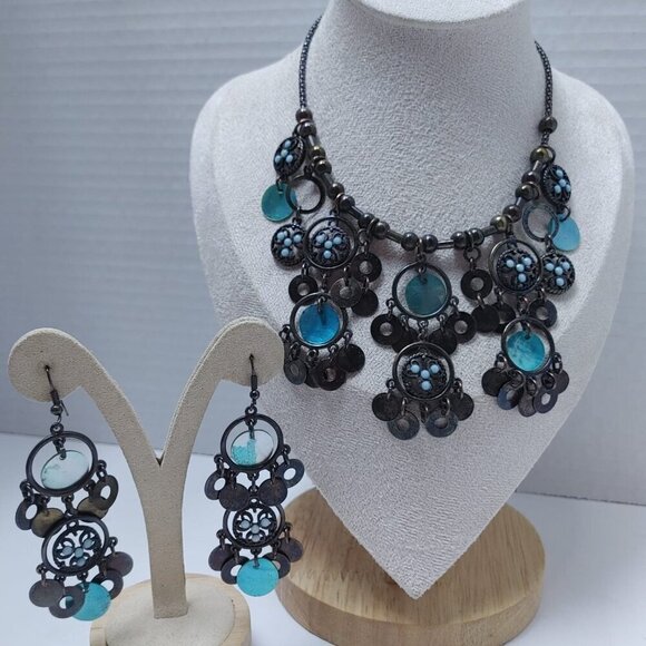 5/$100 Southwestern Style Jewelry Set Blue Faux Pearl Drop Necklace & Earrings - Picture 9 of 9